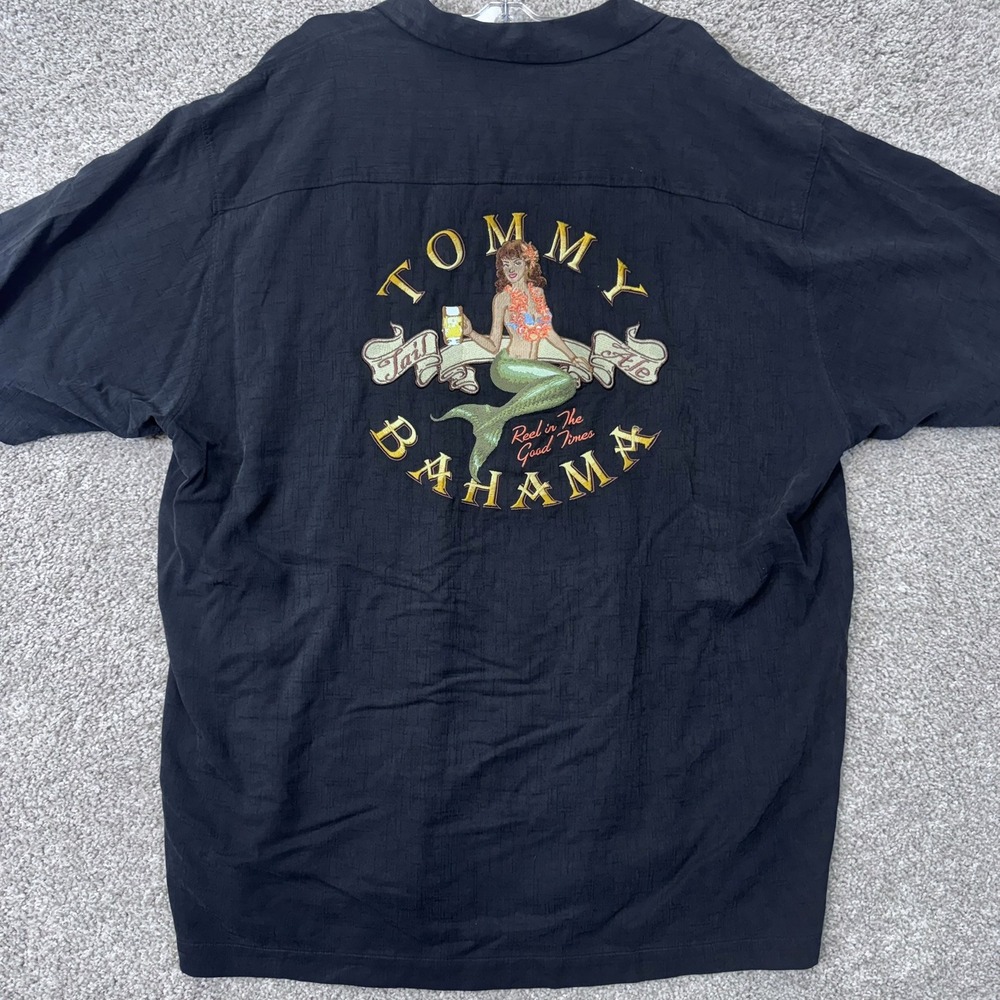 Tommy Bahama Shirt Men XL Tail Ale Mermaid Black Silk Embroidered Camp Button Up